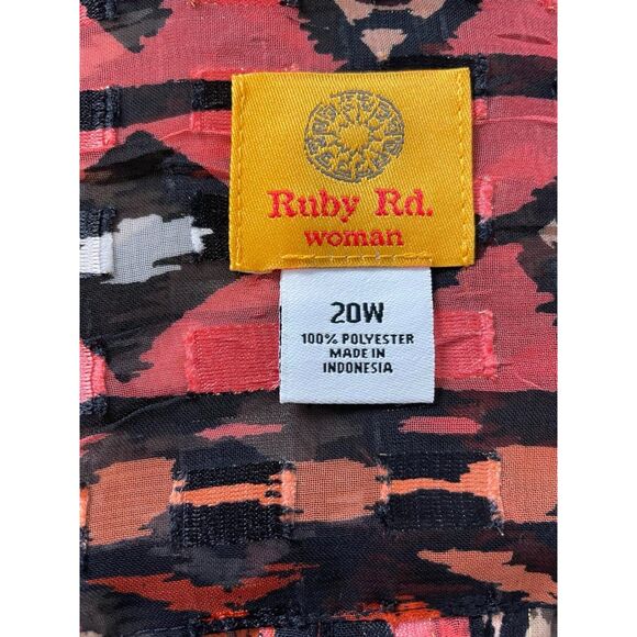 Ruby Rd. Women's Plus Size 20W Red Black Blouse Printed Sheer Roll Tab Sleeve - Picture 5 of 9